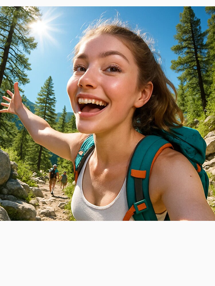 Happy Girl Hiking in Sunny Pine Forest by NiceArtsPlace