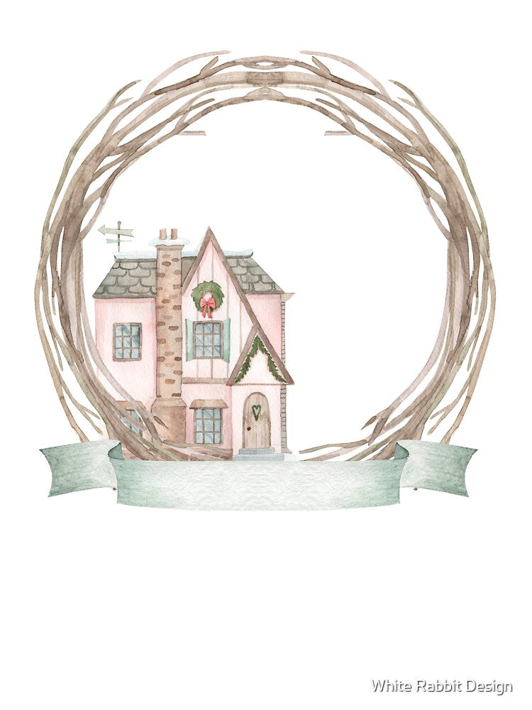 Christmas Cottage Wreath Watercolor Illustration | Holiday Frame PNG | Winter House Clipart | Rustic Christmas Decor by Sasha Zinch Design
