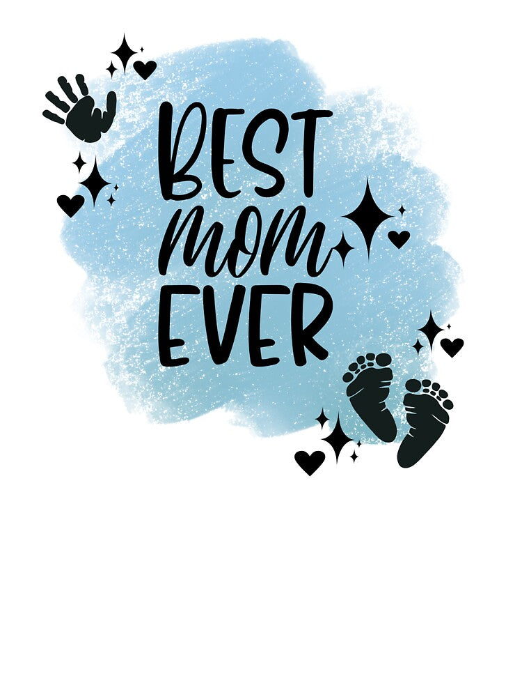 Best Mom Ever with Hand, Footprints, Hearts, Stars & Blue-gray Background by JeweledDesigns