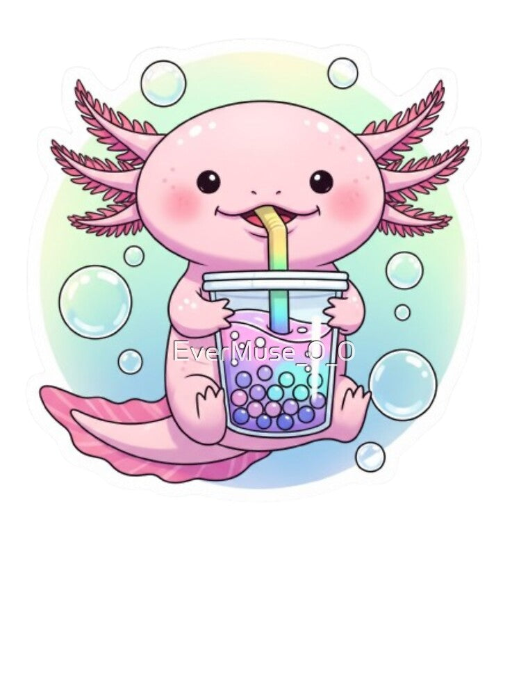 Cute Axolotl Drinking Boba Tea Sticker – Kawaii Bubble Tea Design by EverMuse_0_0