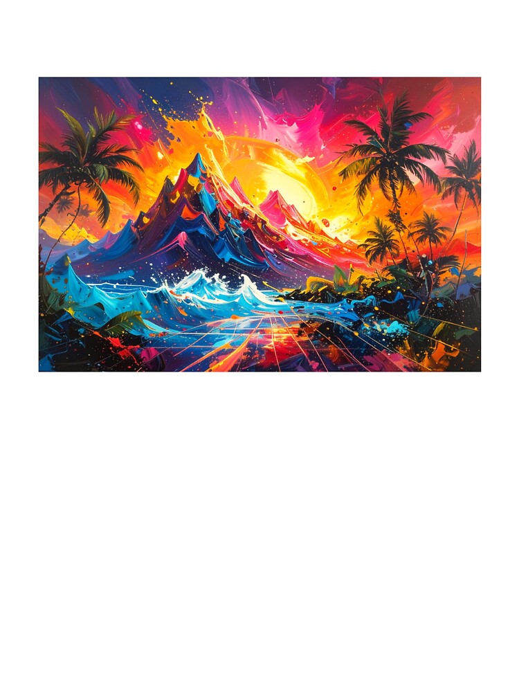 Retro Synthwave Mountain Sunset with Neon Grid & Palms by SatoriLandscapes