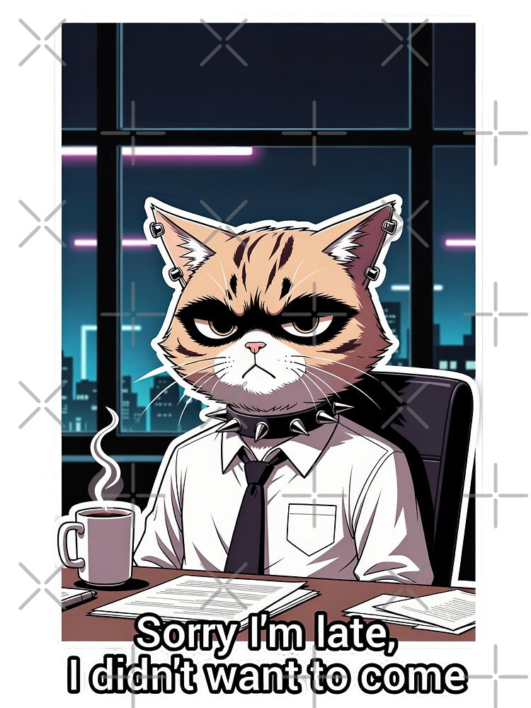 Grumpy Office Goth Cat - Sorry I'm Late, I Didn't Want To Come | Sarcastic Work Sticker by Amber Sky Creations