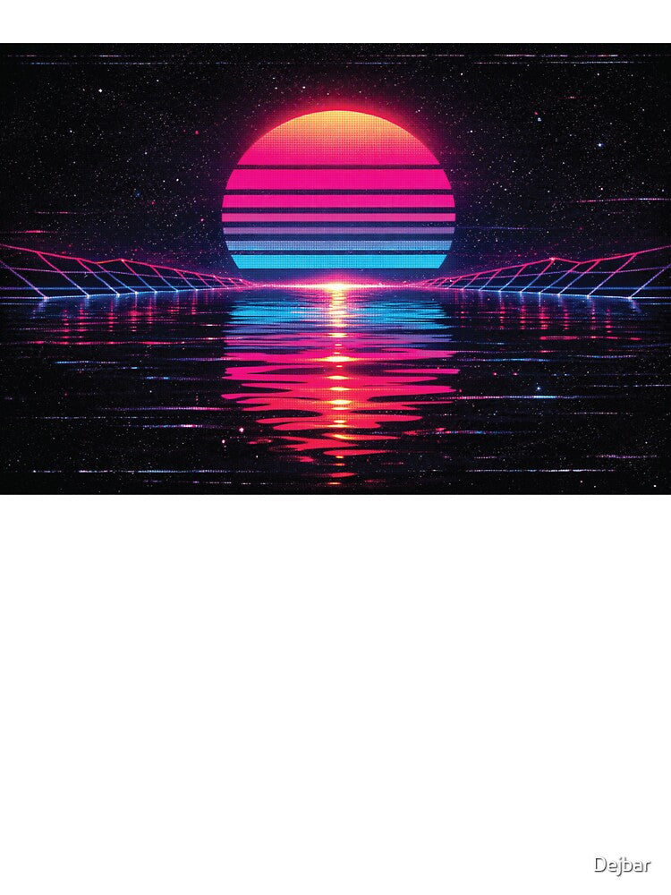 Neon blue and pink retro sunset with halftone grid lines reflecting on calm water by Dejbar