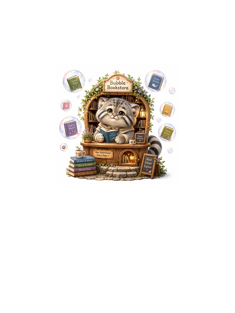 Magical Pallas’s Cat Bubble Bookstore Illustration by QuirkNest Studio
