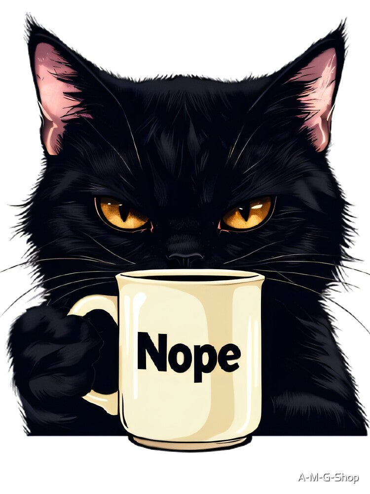 Funny Sarcastic Black Cat - Nope Moody Coffee Meme Art by A-M-G-Shop