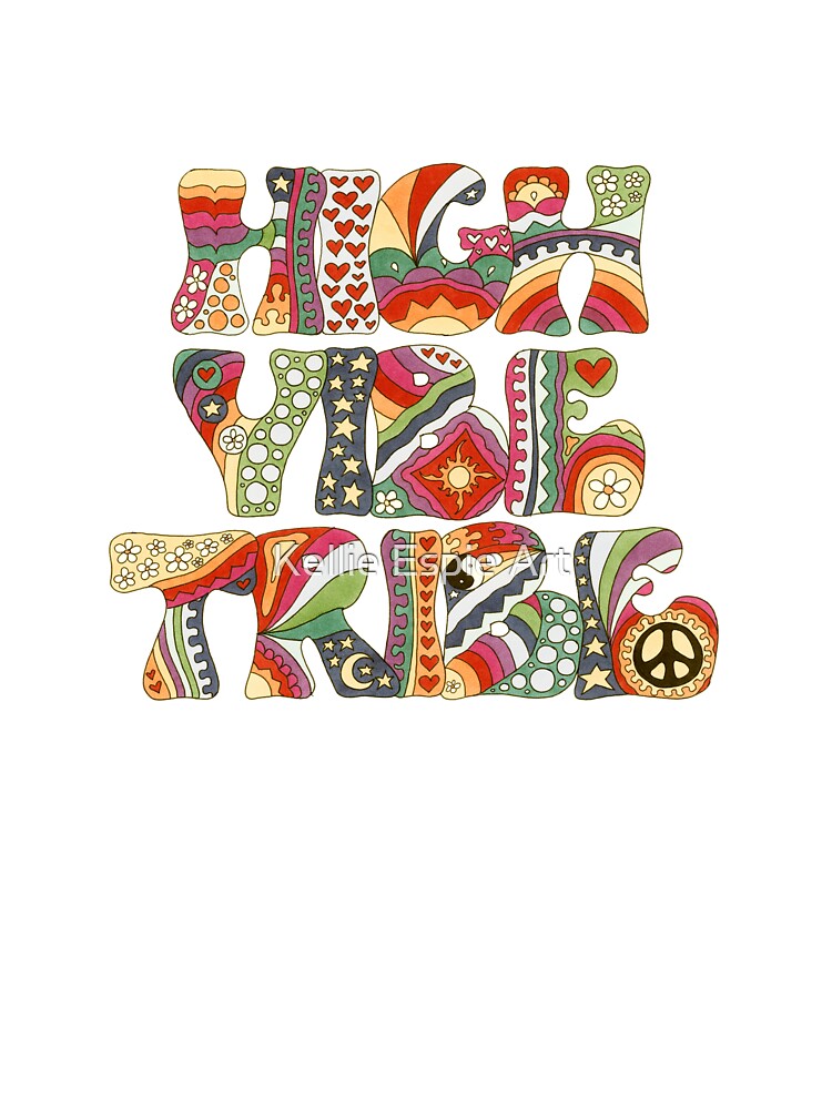 Vintage Psychedelic High Vibe Tribe Art White– Retro Hippie Rainbow Groovy Peace Design by Kellie Espie Art