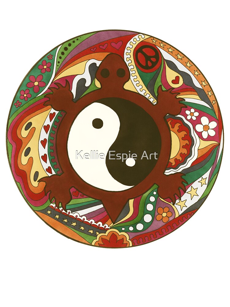 Vintage Psychedelic Yin Yang Turtle Art White– Retro Hippie Rainbow Groovy Peace Design by Kellie Espie Art