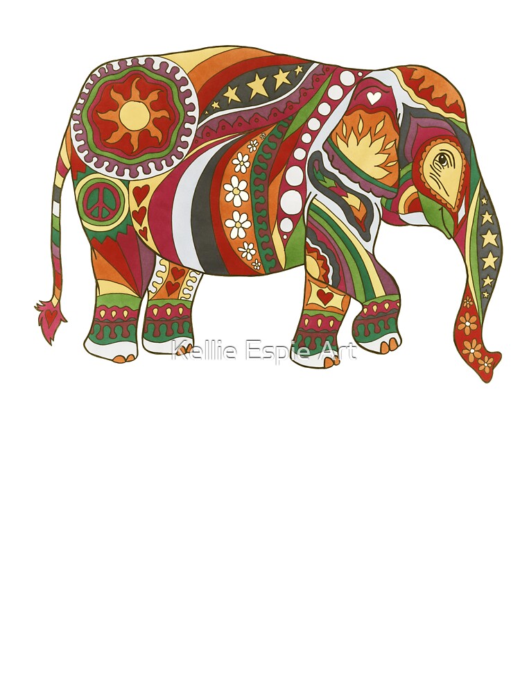 Vintage Psychedelic Elephant Art White– Retro Hippie Rainbow Groovy Peace Design by Kellie Espie Art