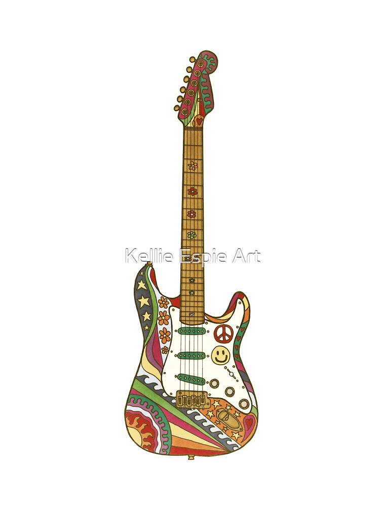 Vintage Psychedelic Guitar Art White– Retro Hippie Rainbow Groovy Peace Design by Kellie Espie Art