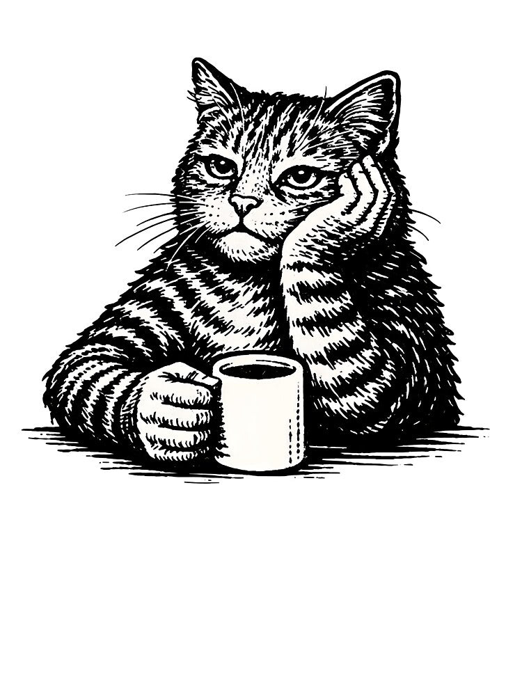 Bored Cat with Coffee Mug – Black and White Illustration by Senkov
