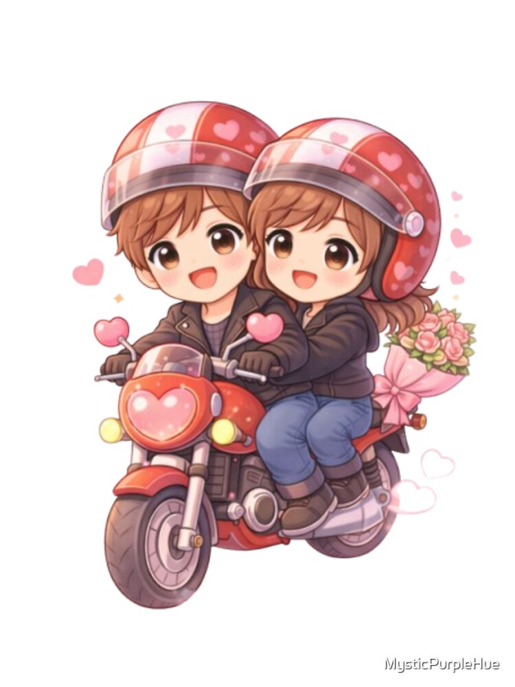 Cute Valentine Biker Couple – Chibi Romantic Illustration with Flowers by MysticPurpleHue