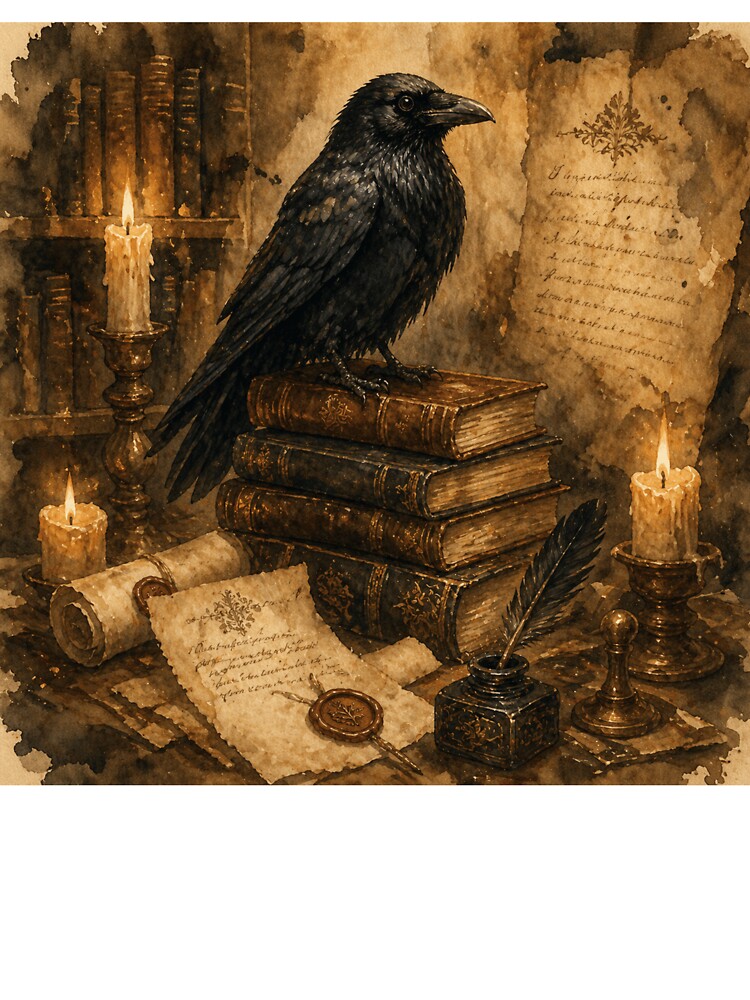 Raven Librarian in Candlelit Study by WaterBirdArt