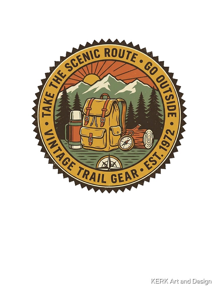 Take The Scenic Route – Vintage Trail Gear Hiking Backpack Badge by KERK Art and Design