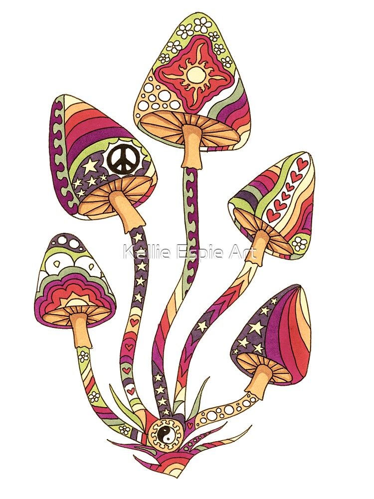 Vintage Psychedelic 5 Mushrooms Art White– Retro Hippie Rainbow Groovy Peace Design by Kellie Espie Art