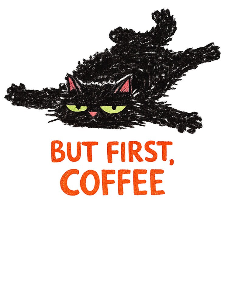But First Coffee – Funny Black Cat Crayon Style Design by IrynaLineArt