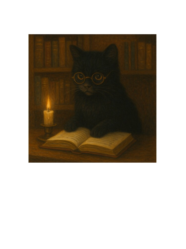 Library Familiar – Black Cat Reading by Candlelight (Dark Academia Art) by ArtByAlgorithms