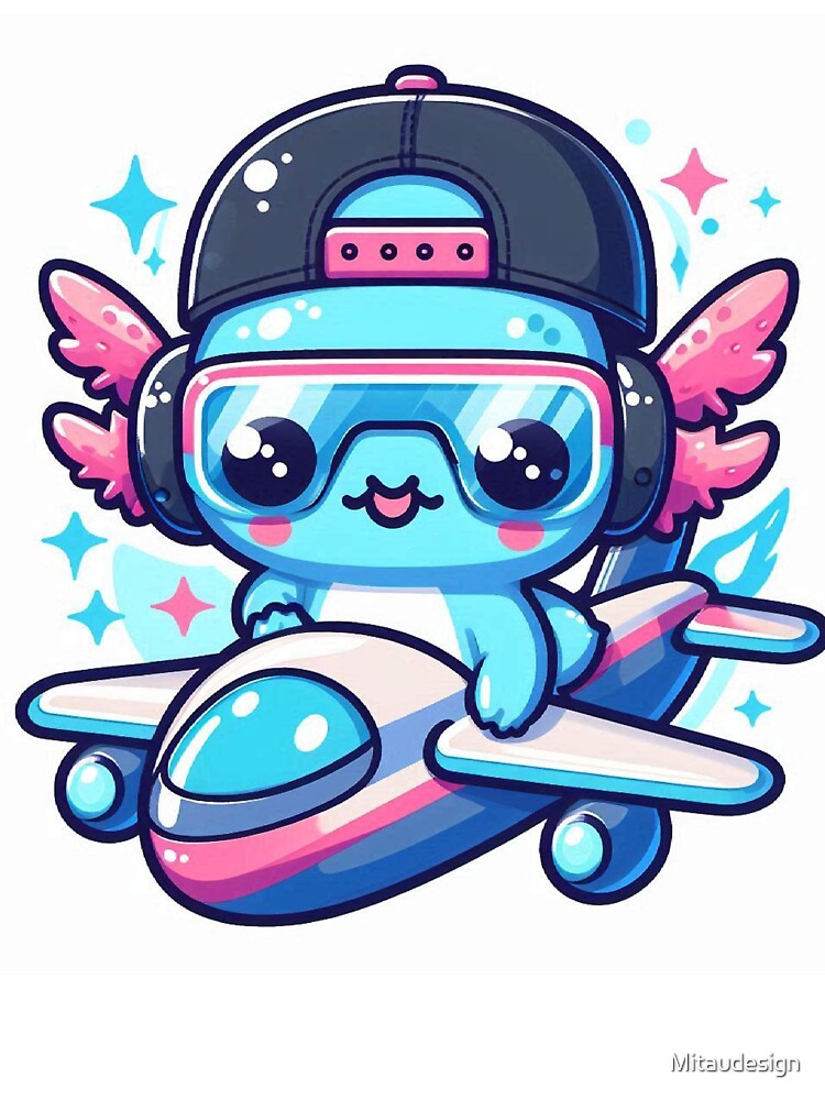Cute Kawaii Axolotl Robot Flying Jet with Headphones by Mitaudesign