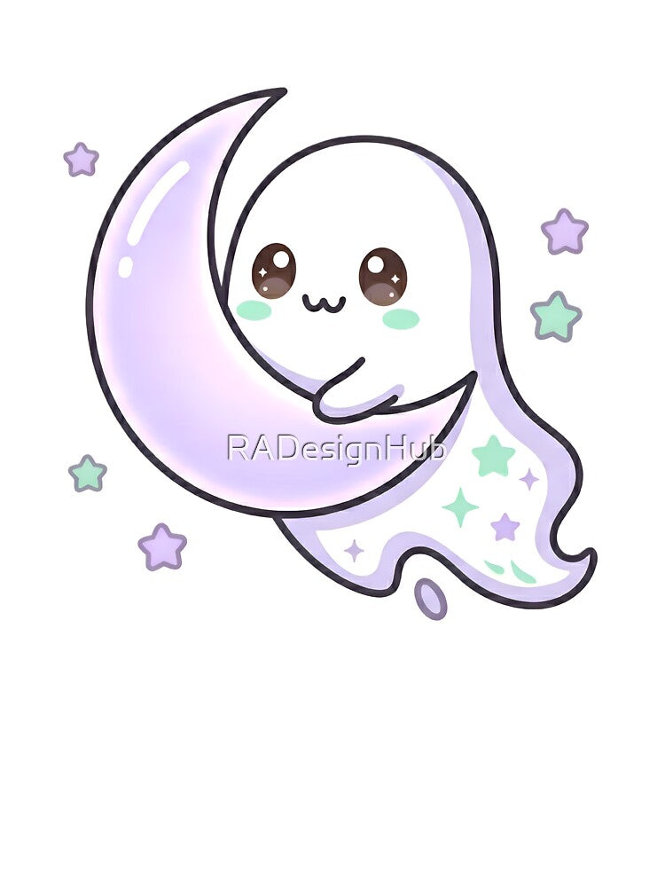 Kawaii Pastel Ghost – Hugging Crescent Moon Aesthetic by RADesignHub