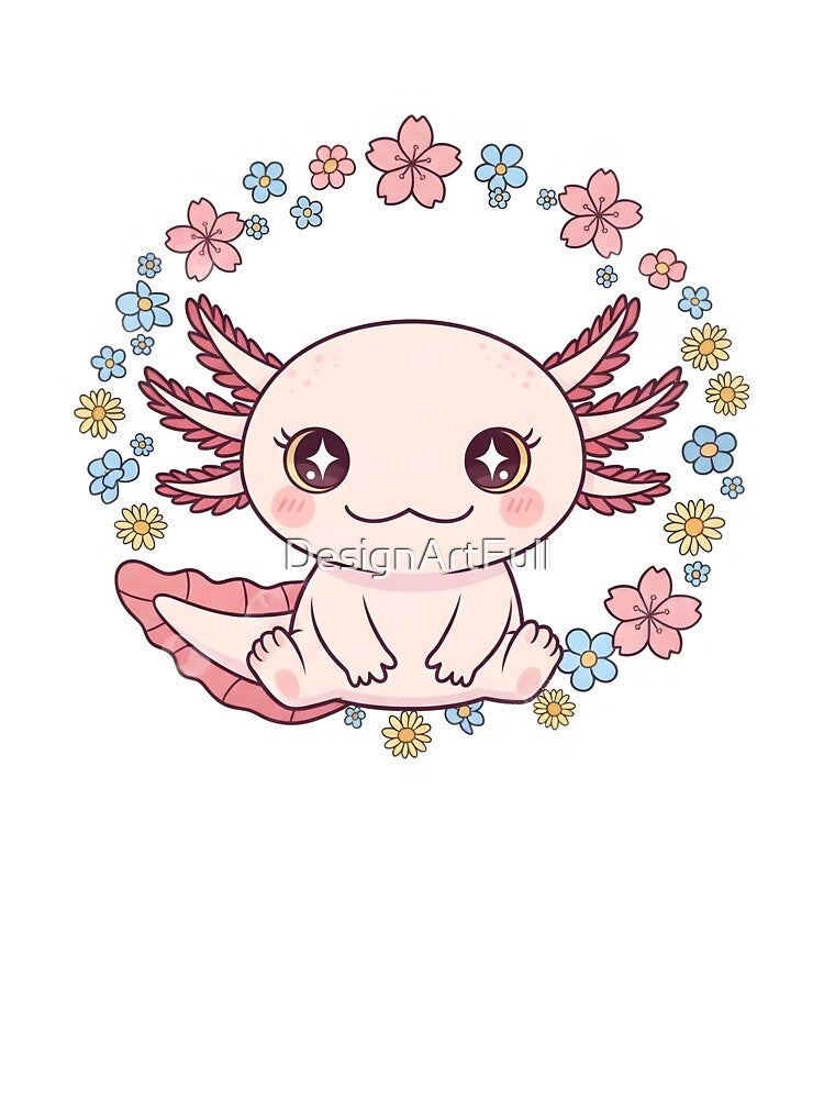 Kawaii chibi axolotl with little flowers by DesignArtFull