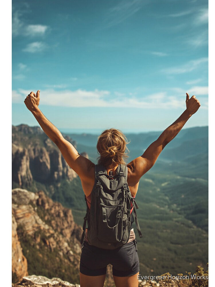 Triumphant Hiker Above Mountain Valley by Evergreen Horizon Works