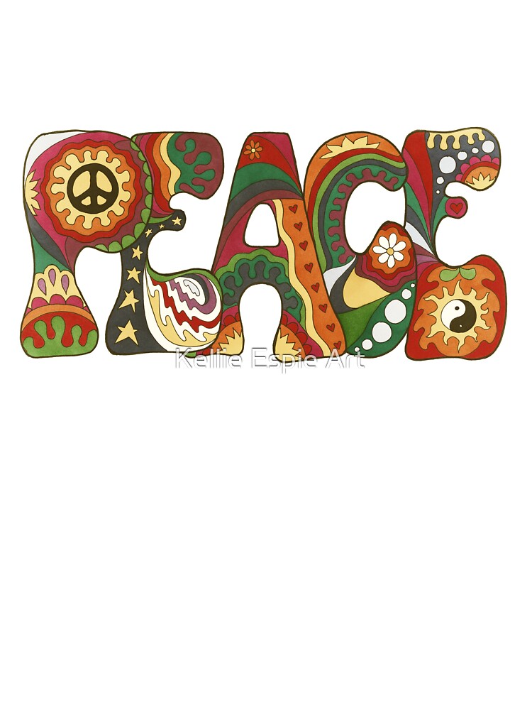 Vintage Psychedelic Peace Art Olive– Retro Hippie Rainbow Groovy Peace Design by Kellie Espie Art