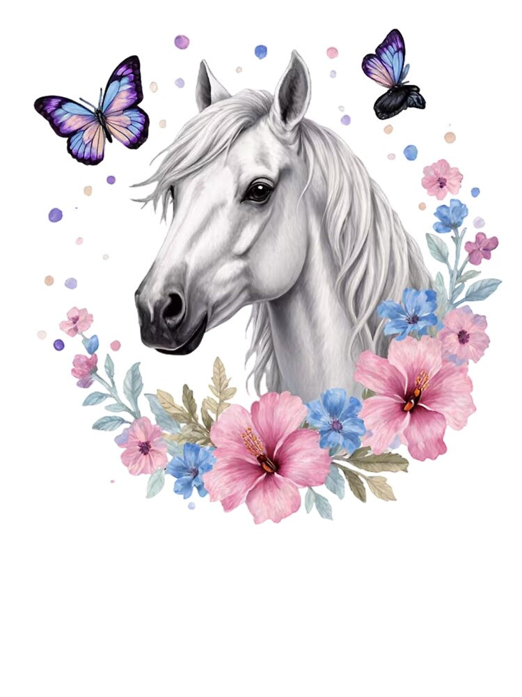 White Horse Floral With Butterflies by INKRebelGraphic