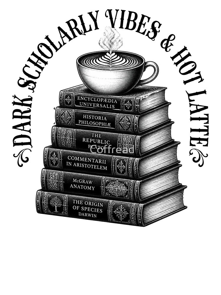 Dark Scholarly Book Stack Vintage Latte Art by Coffread