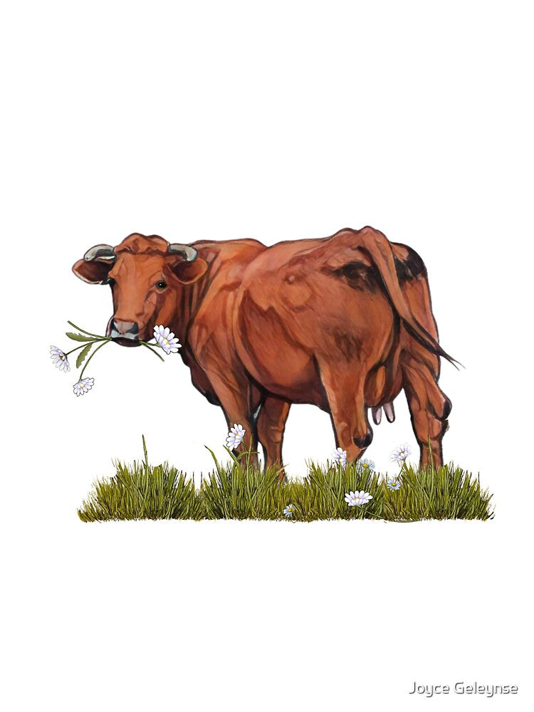 Red Beef Cow Eating Daisies, Freehand Digital Illustration, Farm Animal by JoyfulWhimsy