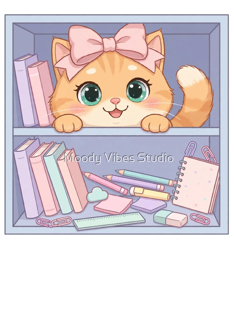 Cute Cat Peeking From Pastel Bookshelf by Moody Vibes Studio