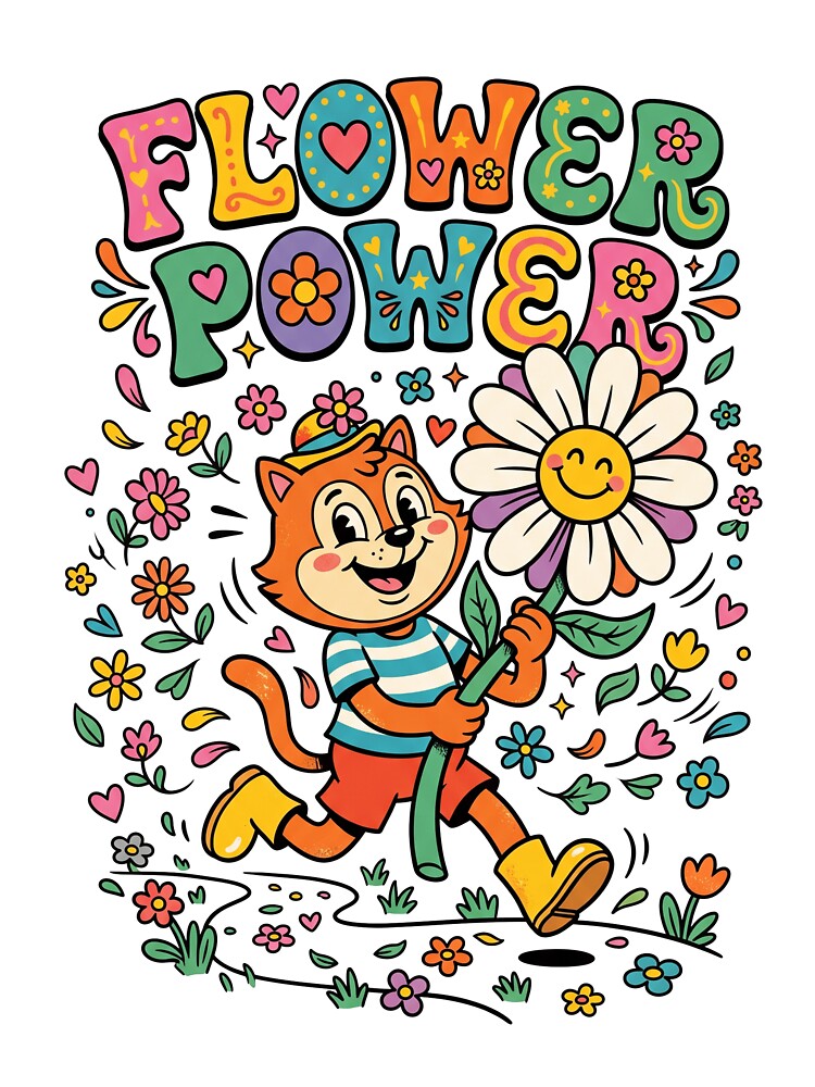 Flower Power Retro Cat Mascot Vintage Sticker Design by misbahsiro
