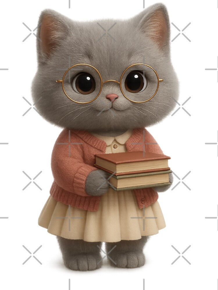 Cute Librarian Cat - Adorable Grey British Shorthair Kitten Art by Moons Studio