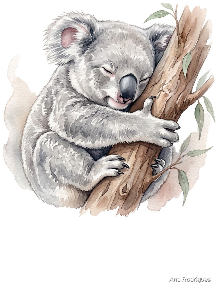 Deeply Sleeping Watercolor Koala Hugging Eucalyptus Branch by 0Zetgest