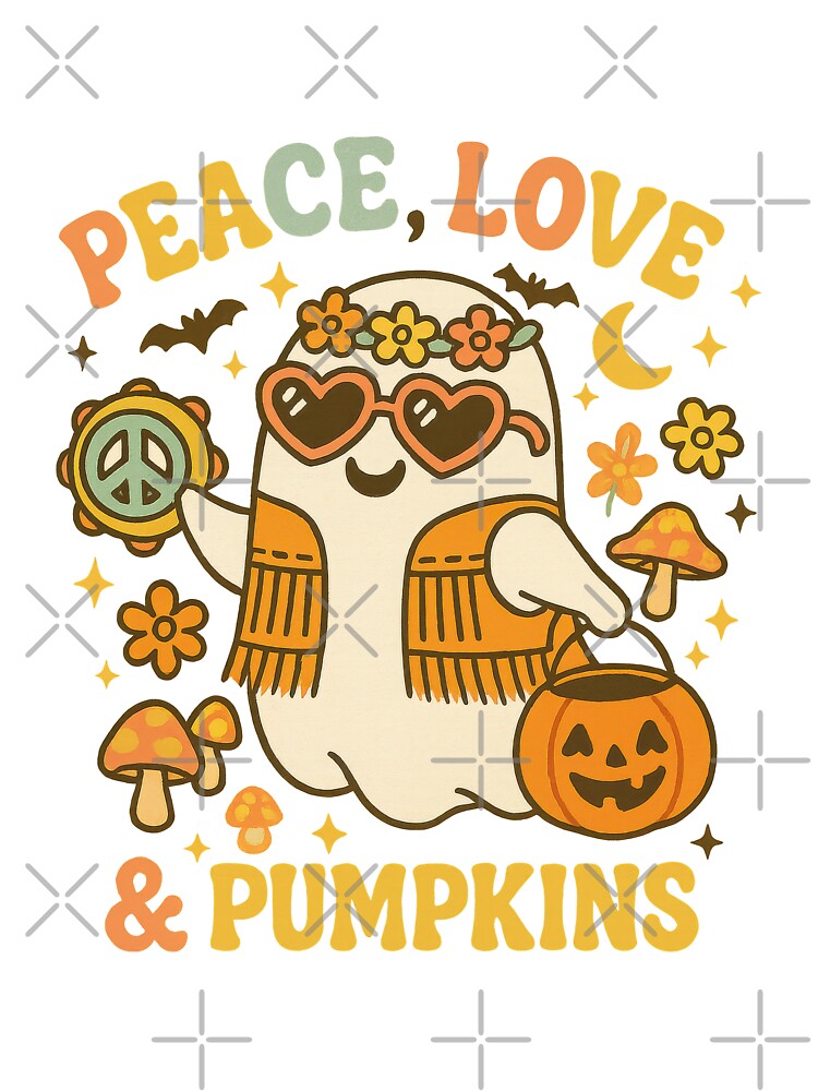 Peace Love and Pumpkins Hippie Ghost Halloween Retro Sticker by inkoutninja