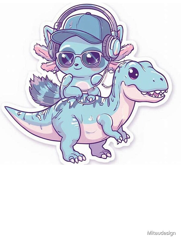Kawaii Axolotl Raccoon Riding T-Rex – Cute Hip Hop Cartoon Design by Mitaudesign
