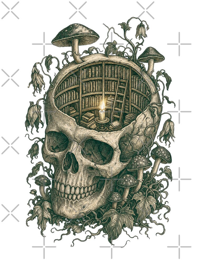 Botanical Skull Library , Dark Academia Mushroom Skull Art Print by NullSpacePrints