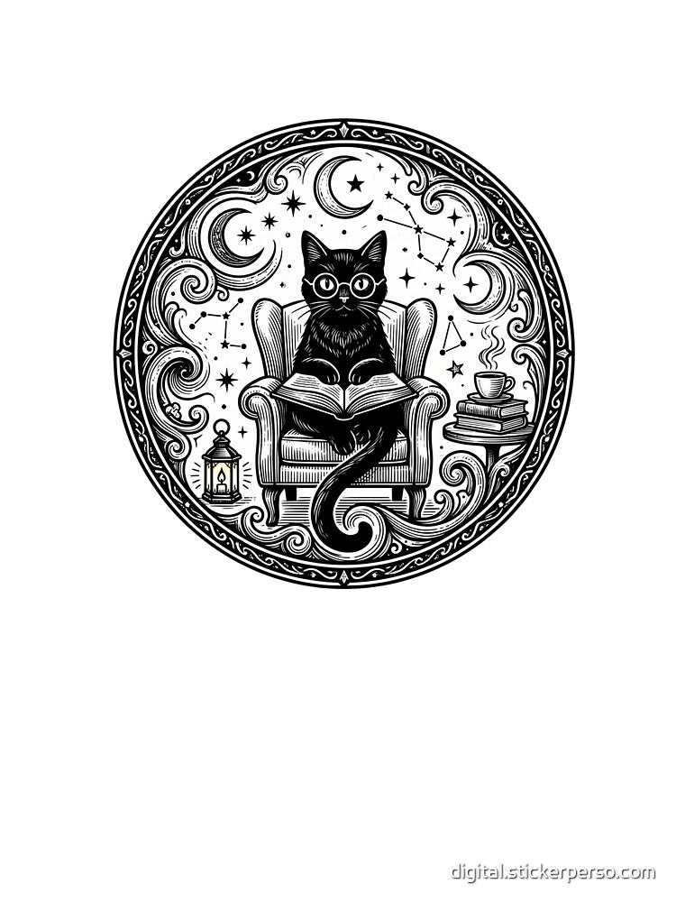 Black Cat with Glasses Reading — Cute Book Lover Cat by digital.stickerperso.com