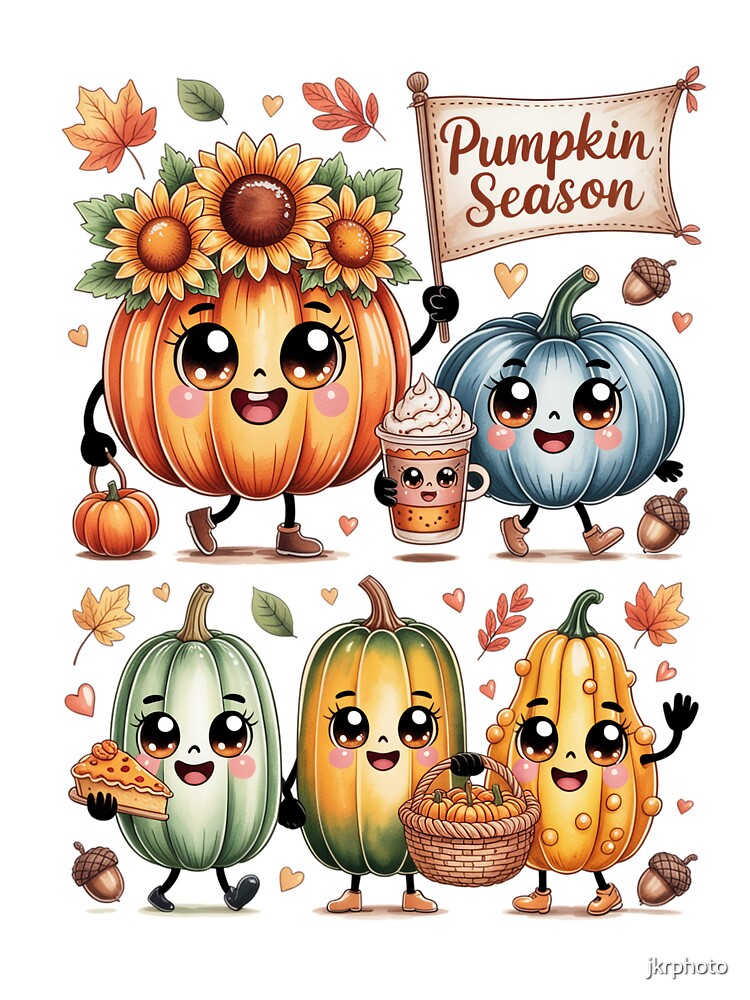 Kawai Animated Pumpkins Celebrating Fall by jkrphoto
