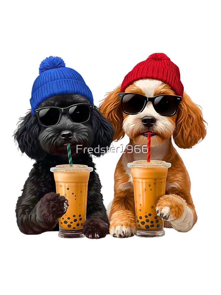Hipster Toy Poodles Drinking Boba Tea | Cute Black & Parti Poodle Dog Lover Design by Fredster1966