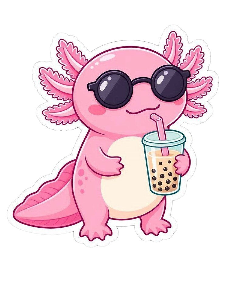 Cool Pink Axolotl Drinking Boba Milk Tea by BobaCatDesign