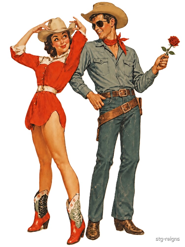 Vintage Western Romantic Cowboy Couple Sticker | Cowgirl & Cowboy with Rose | Retro Valentine Design by stg-reigns