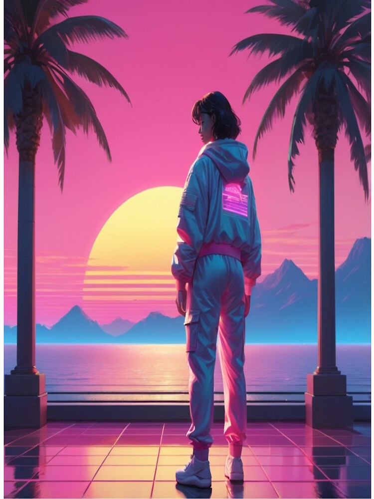 Vaporwave Sunset with Neon Palm Trees and Grid by PrintPulse-9