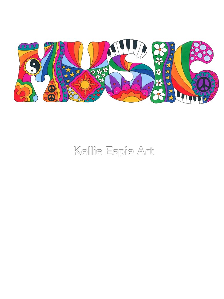 Psychedelic Music Art White – Retro Hippie Rainbow Groovy Peace Design by Kellie Espie Art