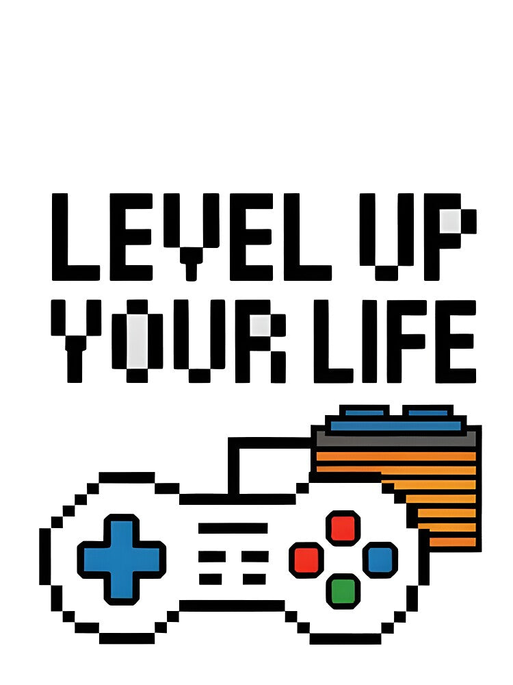 Level Up Your Life Minimalistic Gamer T-Shirt | Pixelated Controller & Power-Up Box Design by Artophilists