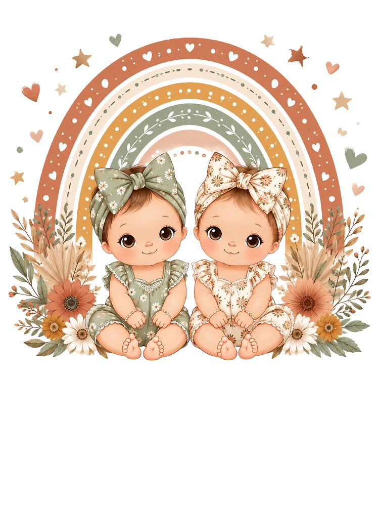 Boho Twin Babies with Rainbow Illustration by Reshmakhan