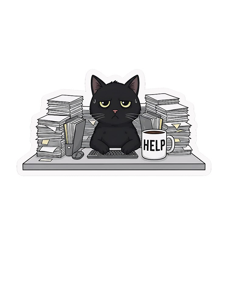 Funny Tired Black Cat Office Worker - Burnt Out Sarcastic Art by luxurytoushes