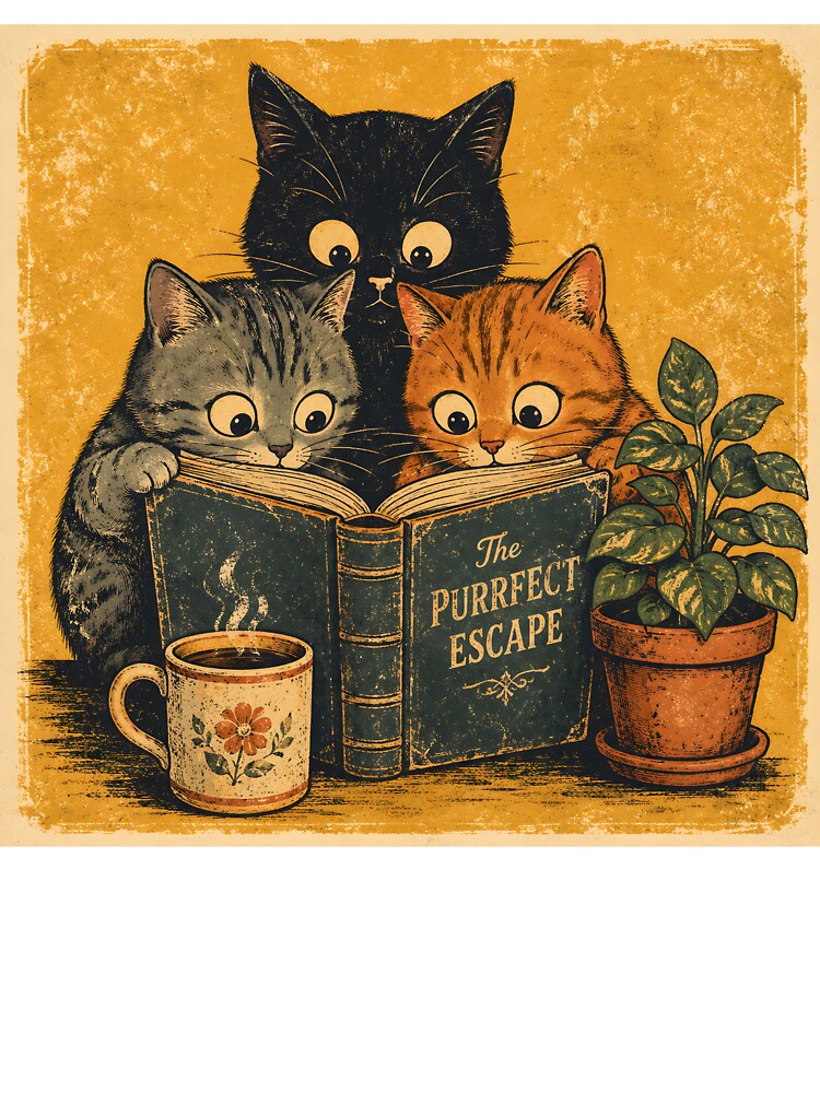 Curious Reading Cats, Book Lover Cats, Vintage Top, Reader Gift by CanvasKitchen