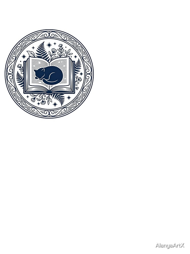 Cozy Sleeping Cat on Open Magic Book - Aesthetic Bibliophile Circular Emblem by AlanyaArtX