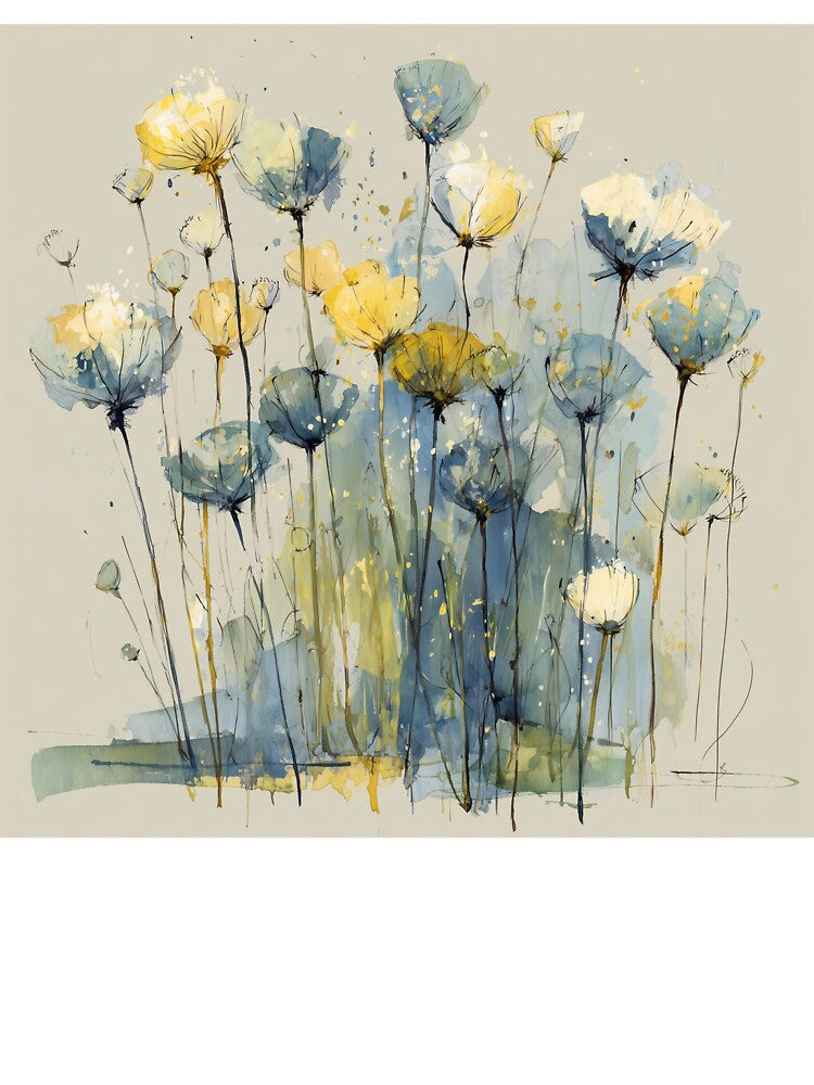 Blue & Gold Meadow – Minimalist Watercolor by solynneart