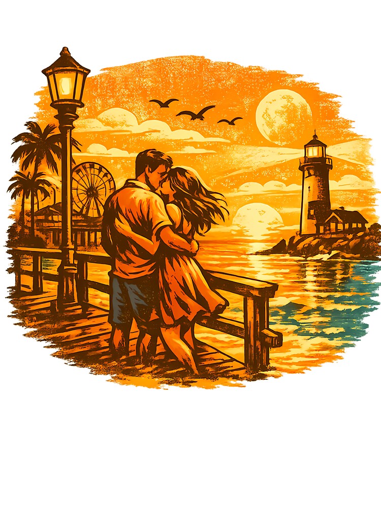 Pier Sunset Vintage Beach Vacation Couple by OliviaHayesArt
