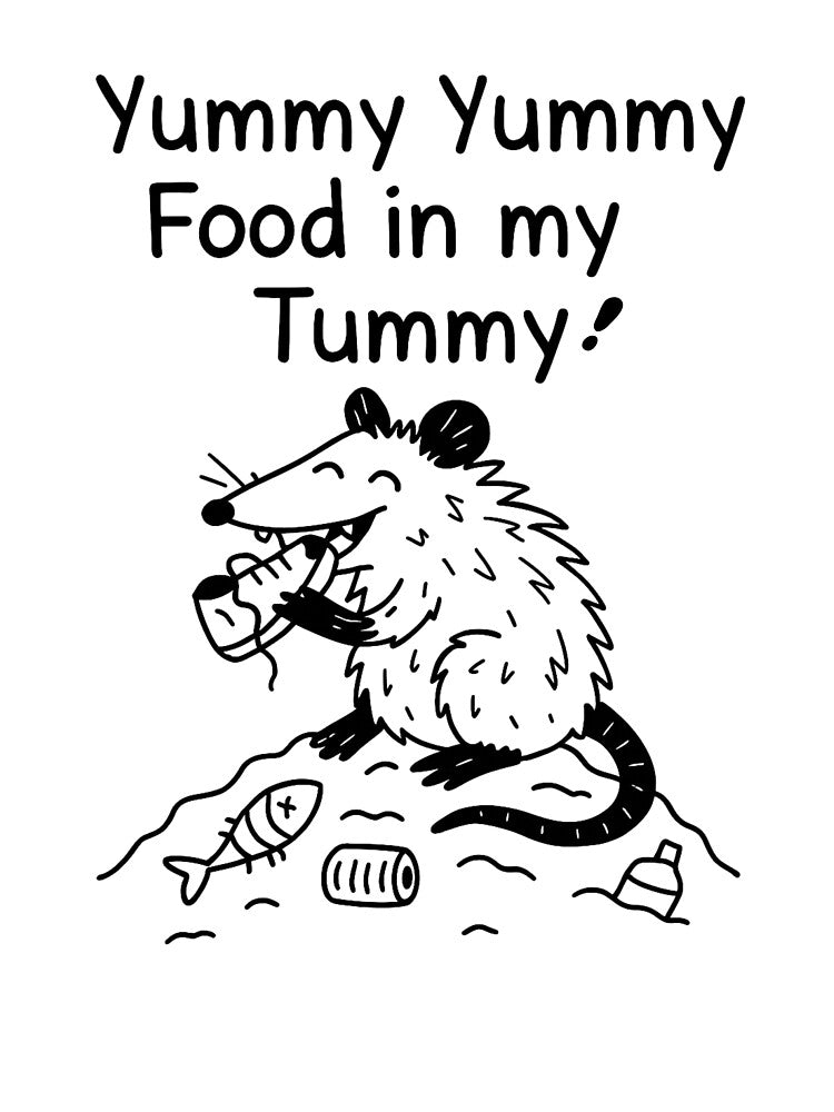 Funny Trash Opossum Shirt – “Yummy Yummy Food in My Tummy” Doodle Print by Thehatinthecat